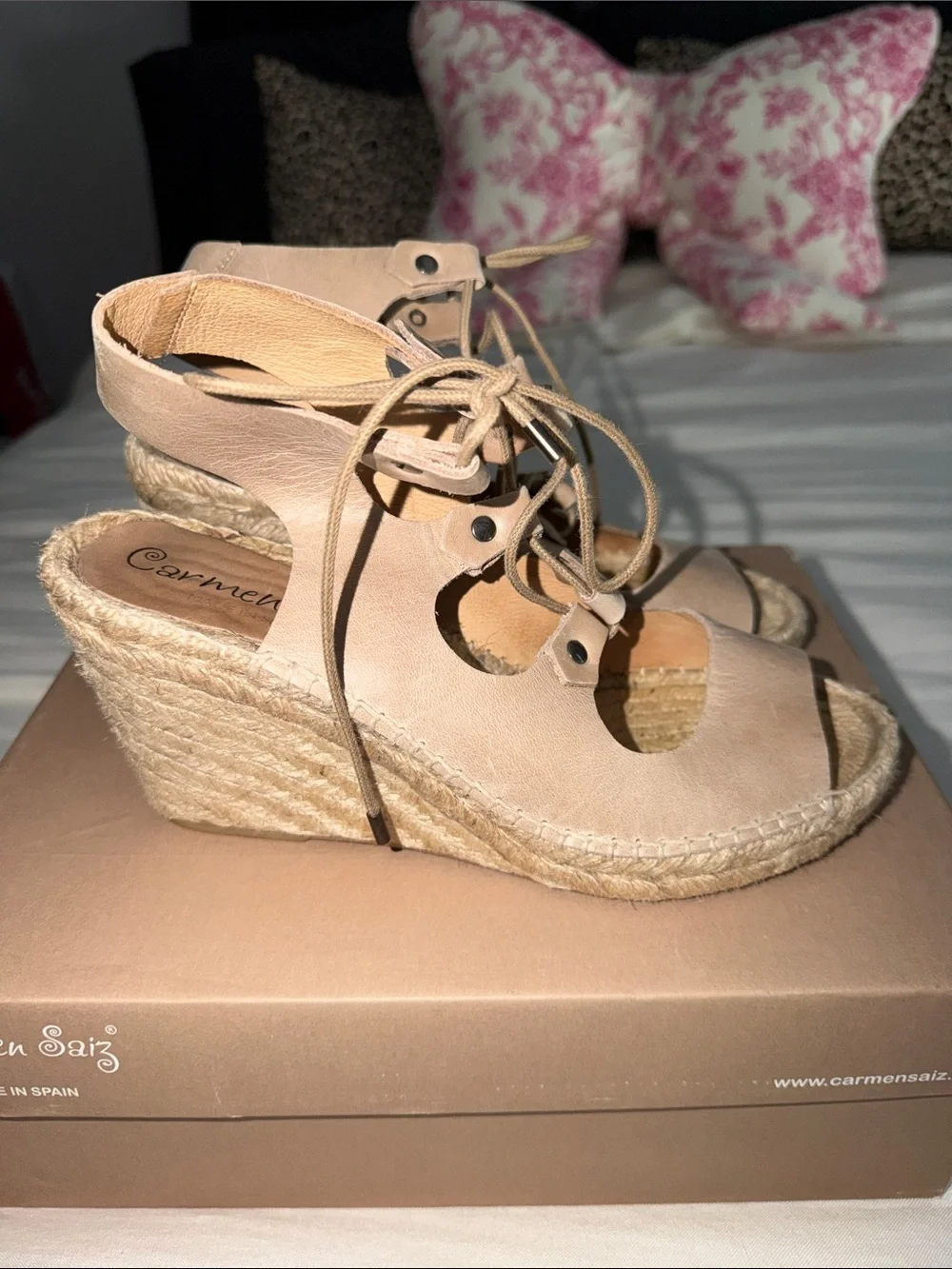 Carmen Saiz Nude Lace-Up Espadrille Wedge Sandals